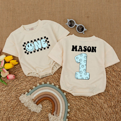 Cool Custom Blue Romper: Happy Face Bodysuit for 1st Birthday Fun