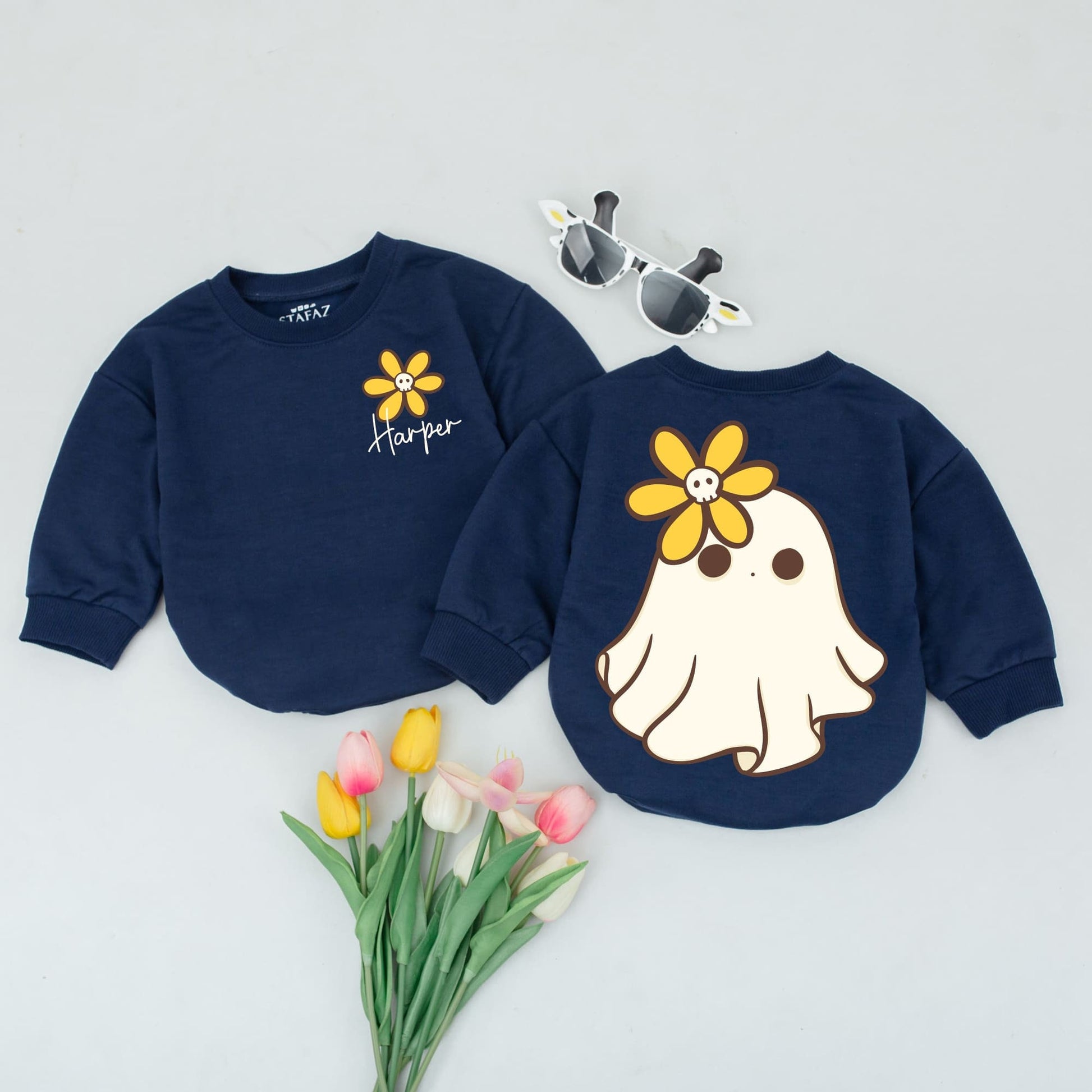 Personalized Harper Baby Romper Cute Yellow Flower Skull Halloween Toddler Bodysuit Newborn Fall Gift 138 Chars