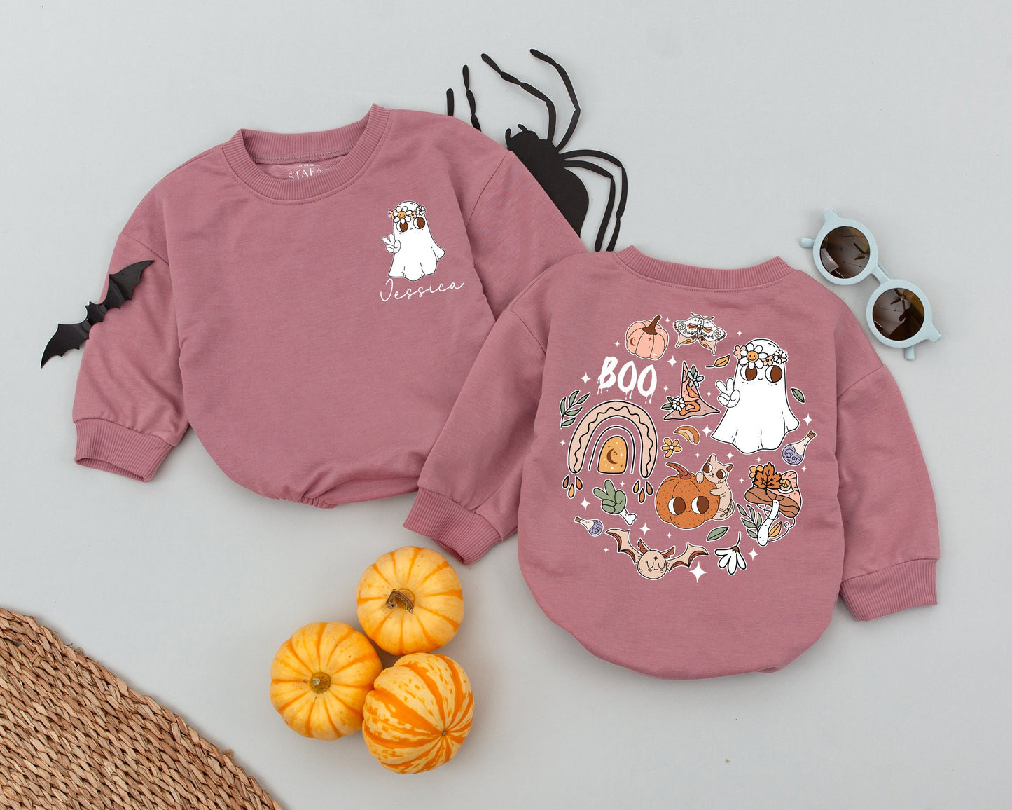 Custom Retro Halloween Romper for Baby Boys Girls Jessica Boo Ghost Floral Crown Autumnal Outfit Toddler Infant First Halloween Costume Comfort