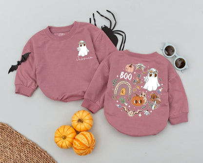 Custom Retro Halloween Romper for Baby Boys Girls Jessica Boo Ghost Floral Crown Autumnal Outfit Toddler Infant First Halloween Costume Comfort