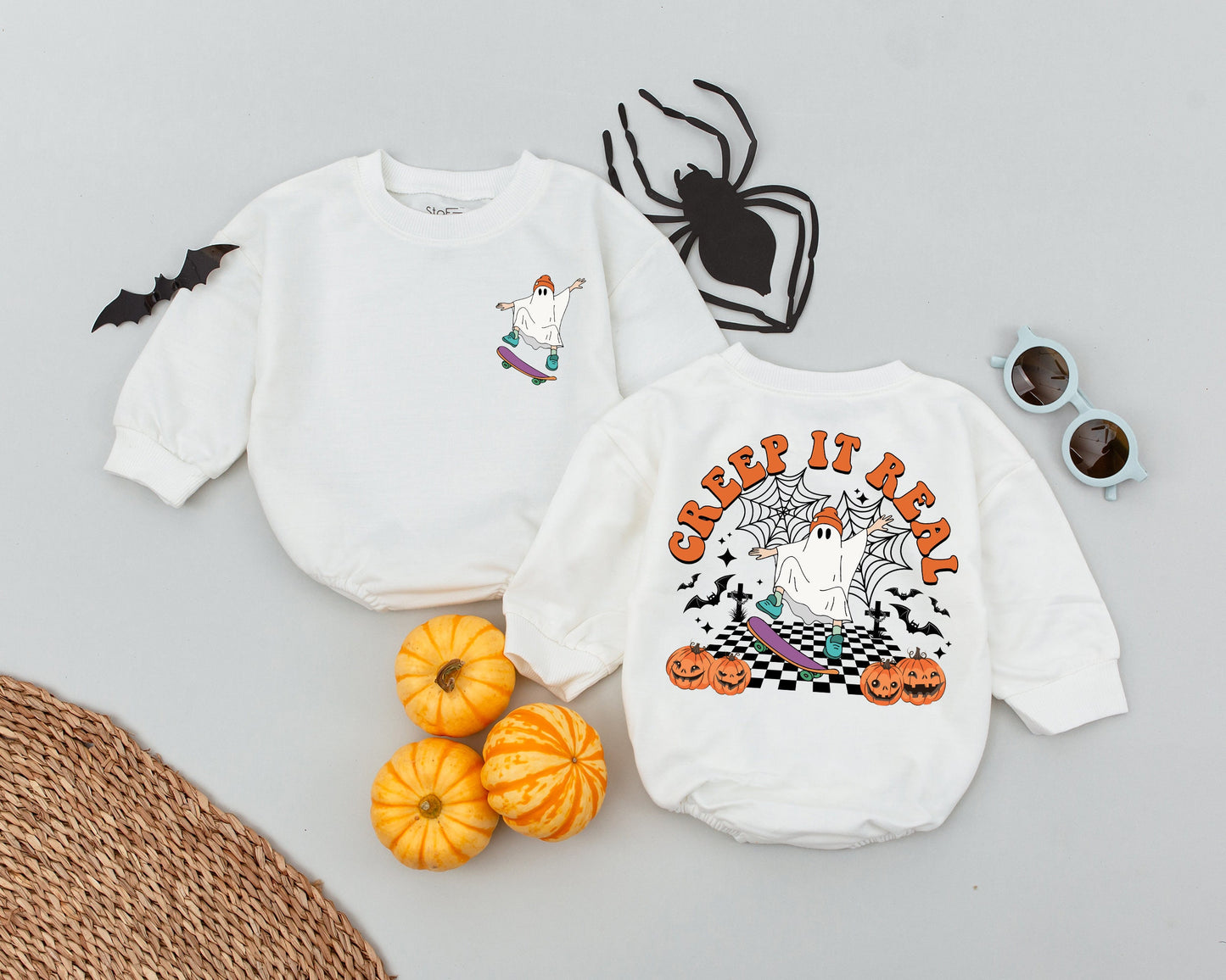 Creep It Real Ghost Baby Romper Retro Halloween Graphic Toddler Infant Boy Girl Outfit Pumpkin Season First Halloween Costume Celebration Outfit