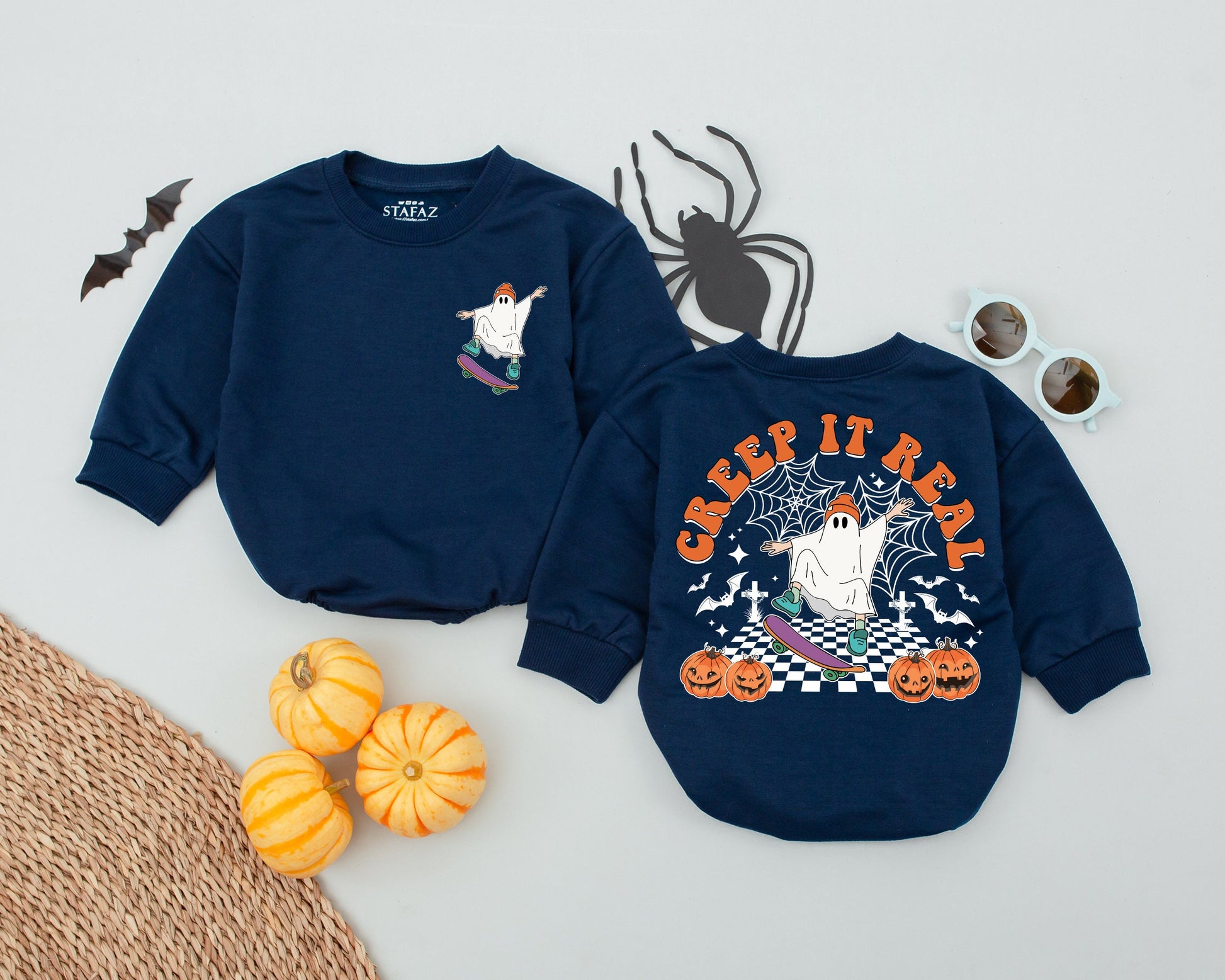 Creep It Real Ghost Baby Romper Retro Halloween Graphic Toddler Infant Boy Girl Outfit Pumpkin Season First Halloween Costume Celebration Outfit