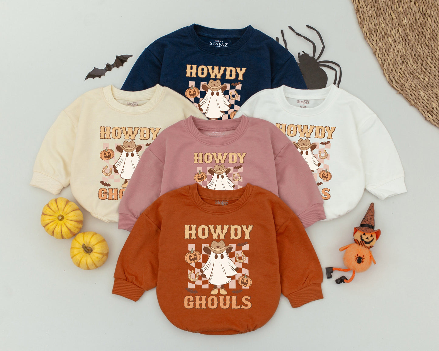 Howdy Ghouls Halloween Romper, Retro Western First Halloween Outfit, Cute Ghost Cowboy Hat, Pumpkin Spice Fall Baby Clothes, Distressed Design 138