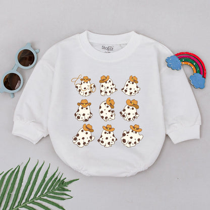 Cowboy Ghost Halloween Romper for Baby, Western Retro Outfit Newborn Girl Boy, Spooky Cowboy Hat Design, Fall Bodysuit Gift
