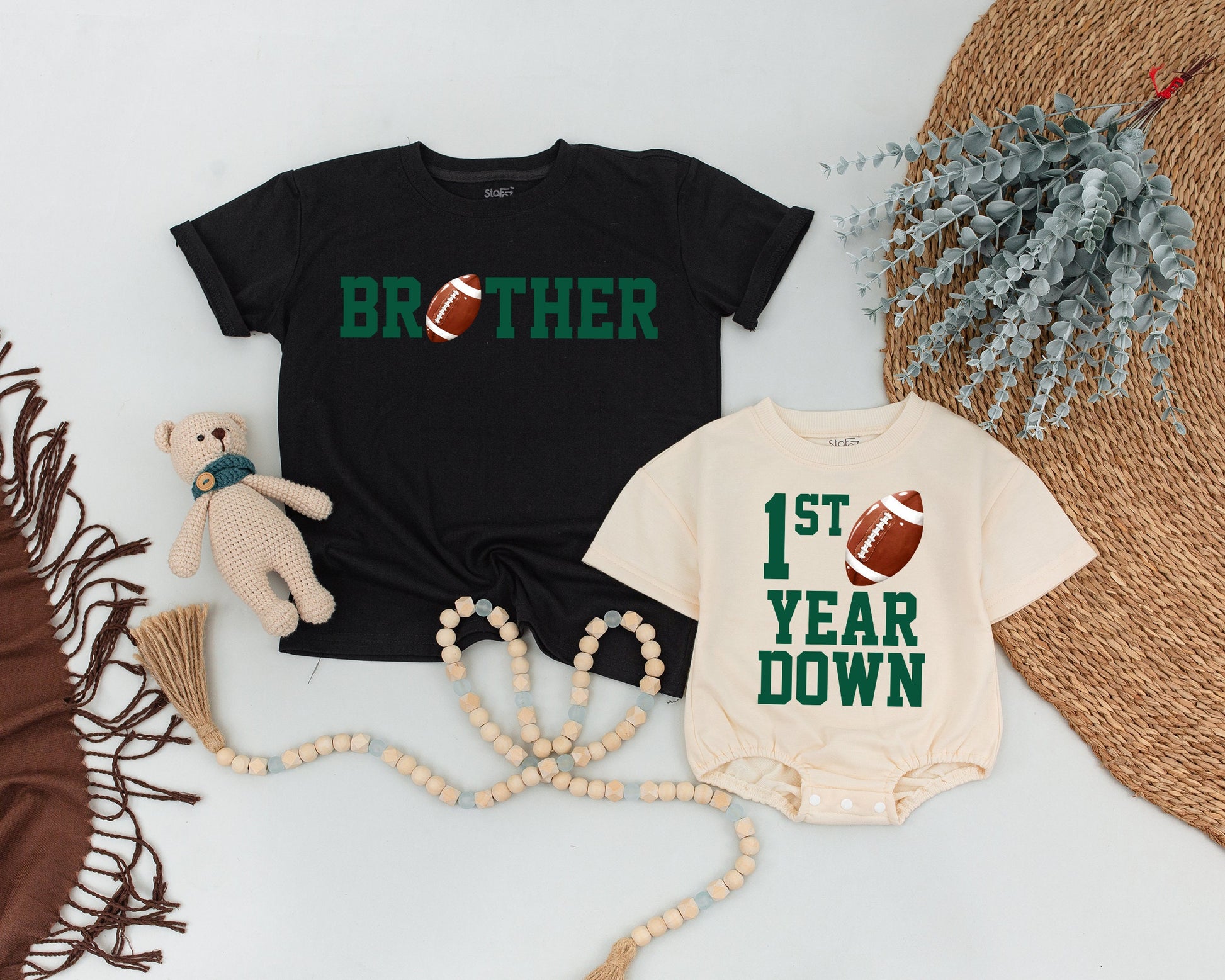 First Birthday Football Tee Daddy Mommy Brother Matching Family Outfit Green Block Letters Realistic Football Accents Playful Sporty Style