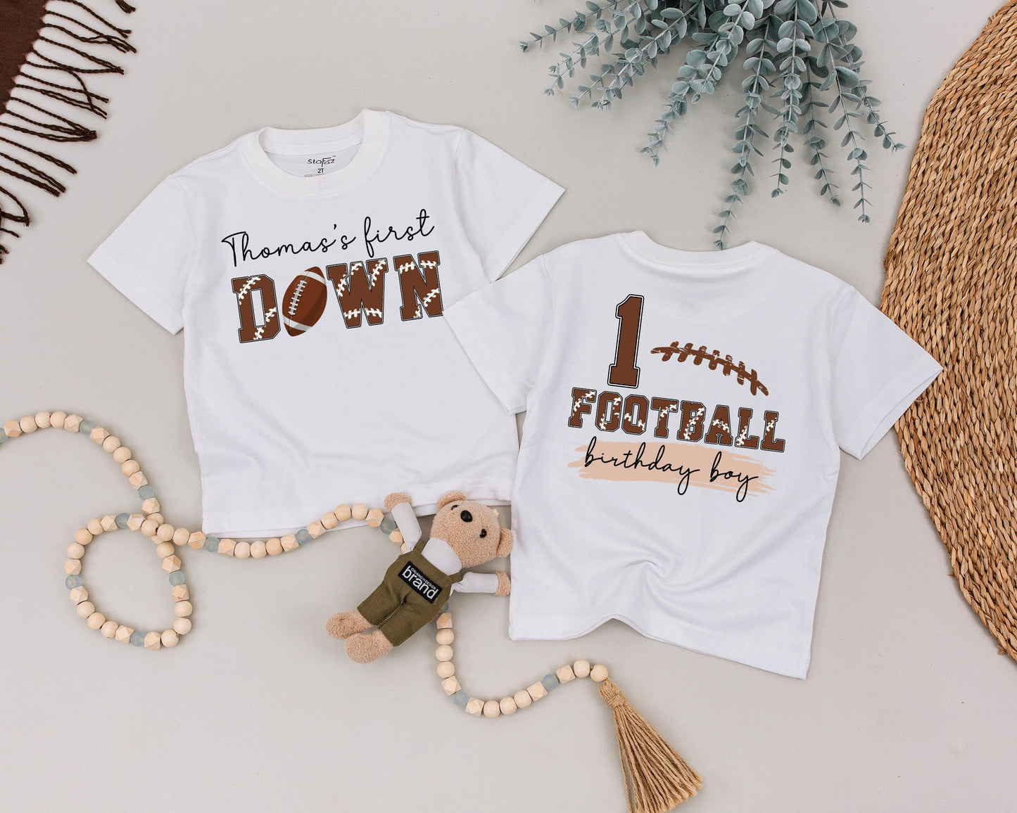 Thomas's 1st Down Football Birthday Boy Shirt, Personalized One Year Old Outfit, First Football Birthday Party Clothes, Baby Boy Tee (139 chars)