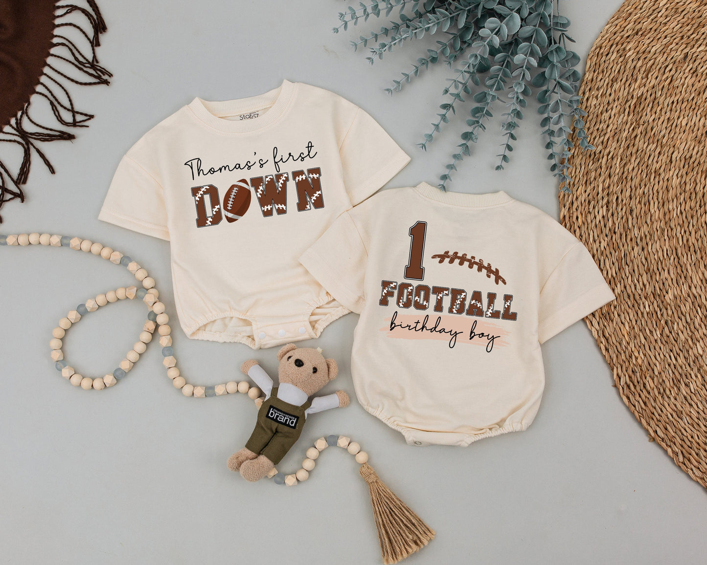Thomas's 1st Down Football Birthday Boy Shirt, Personalized One Year Old Outfit, First Football Birthday Party Clothes, Baby Boy Tee (139 chars)