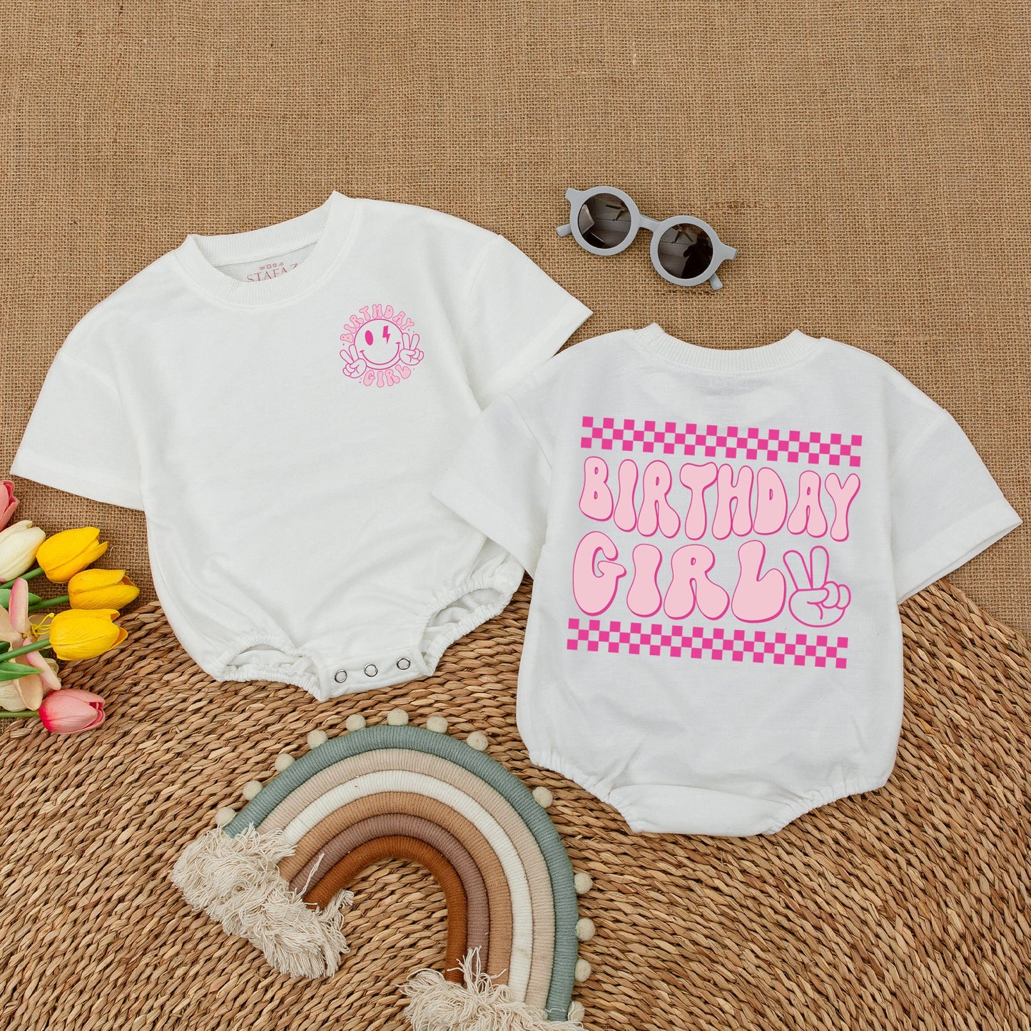 Retro Birthday Girl Romper Smiley Face Peace Sign Lightning Bolts Pink Retro Vibe Baby Bodysuit First Birthday Outfit Cake Smash