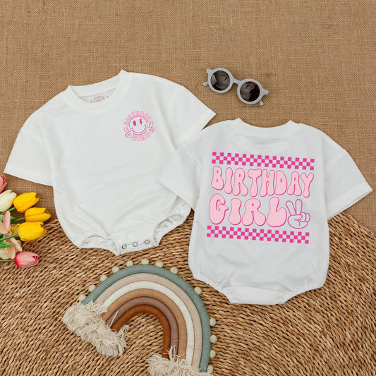 Retro Birthday Girl Romper Smiley Face Peace Sign Lightning Bolts Pink Retro Vibe Baby Bodysuit First Birthday Outfit Cake Smash