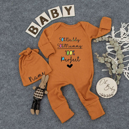 50% Daddy 50% Mummy 100% Perfect Baby Outfit Set, Personalized Newborn Gift, Custom Name Beanie & Romper, Cute Kid