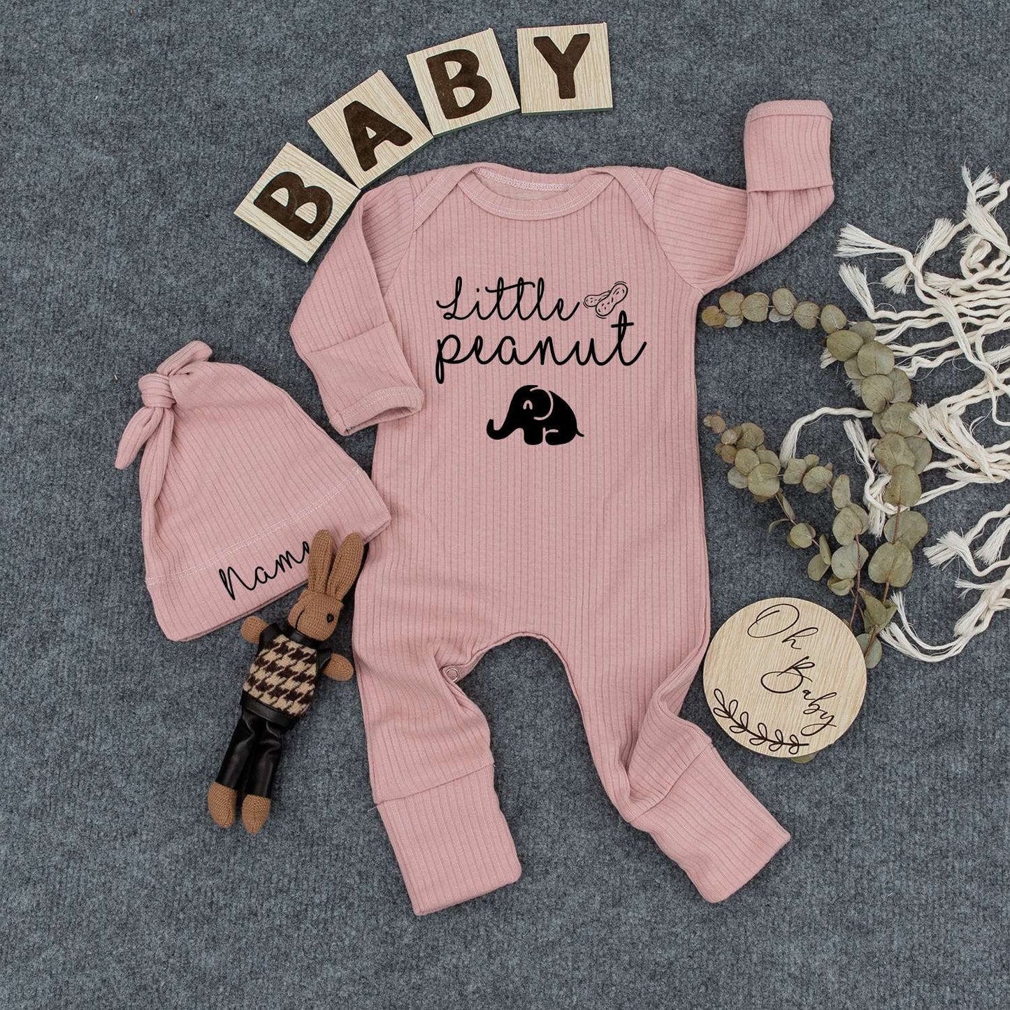 Personalized Little Peanut Baby Bodysuit Outfit with Elephant & Name on Hat Sweet Newborn Infant Romper Tee New Baby Gift