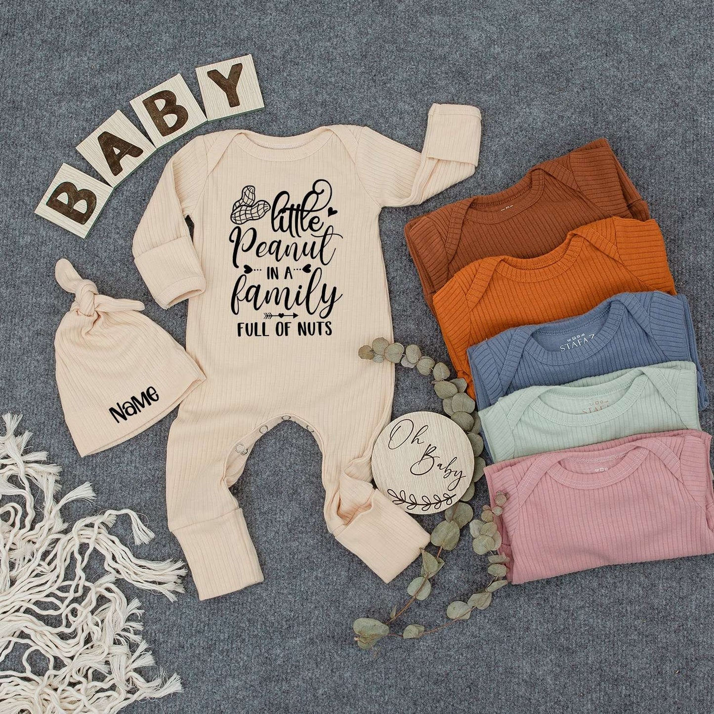 Personalized Baby Bodysuit & Hat Set, "Funny Little Peanut" Outfit, Newborn Announcement, Gender Neutral Gift, Boho Romper