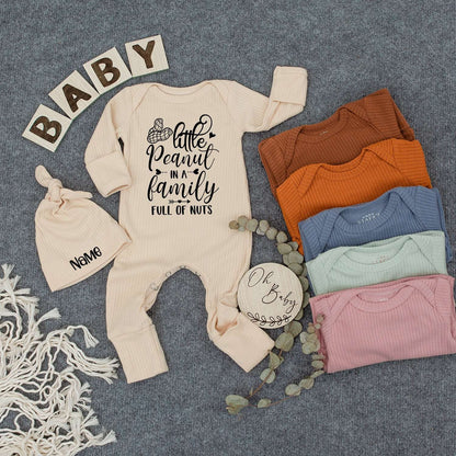 Personalized Baby Bodysuit & Hat Set, "Funny Little Peanut" Outfit, Newborn Announcement, Gender Neutral Gift, Boho Romper