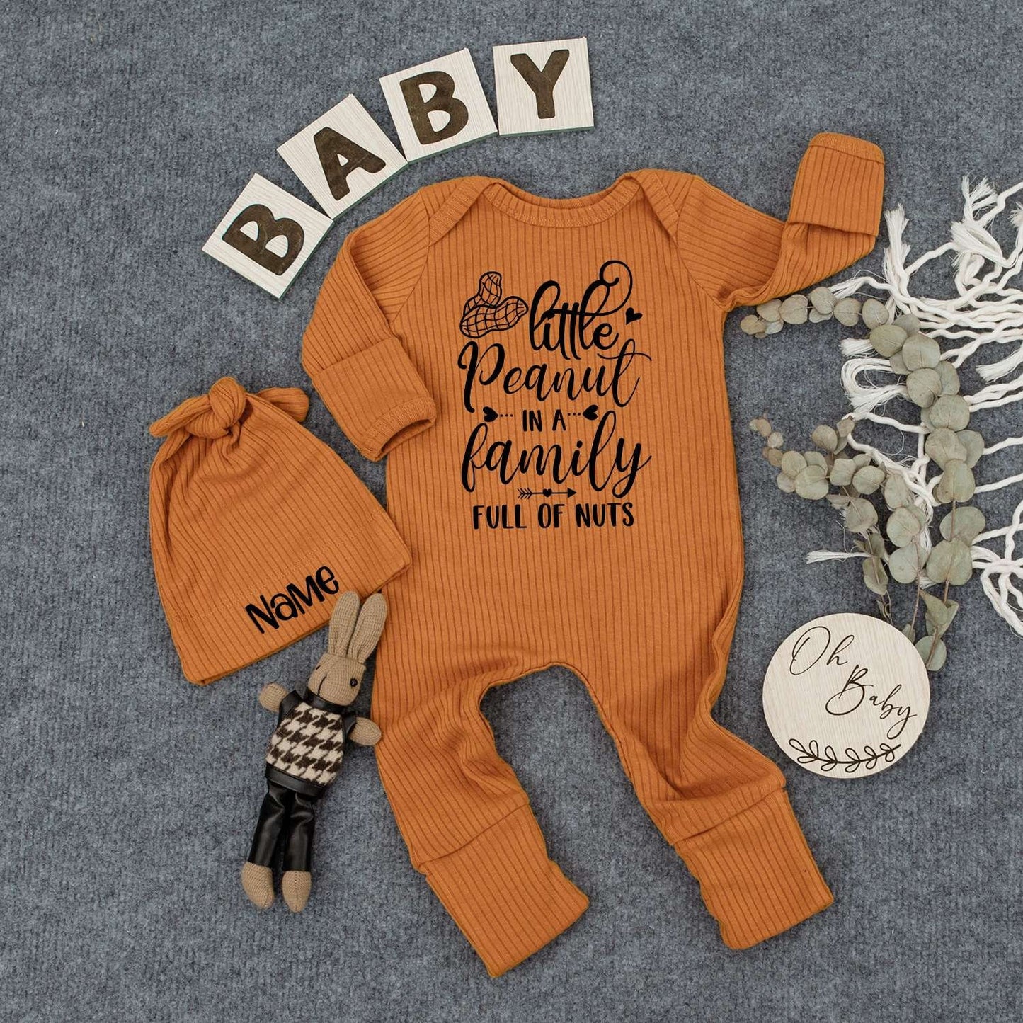 Personalized Baby Bodysuit & Hat Set, "Funny Little Peanut" Outfit, Newborn Announcement, Gender Neutral Gift, Boho Romper