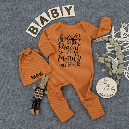Personalized Baby Bodysuit & Hat Set, "Funny Little Peanut" Outfit, Newborn Announcement, Gender Neutral Gift, Boho Romper