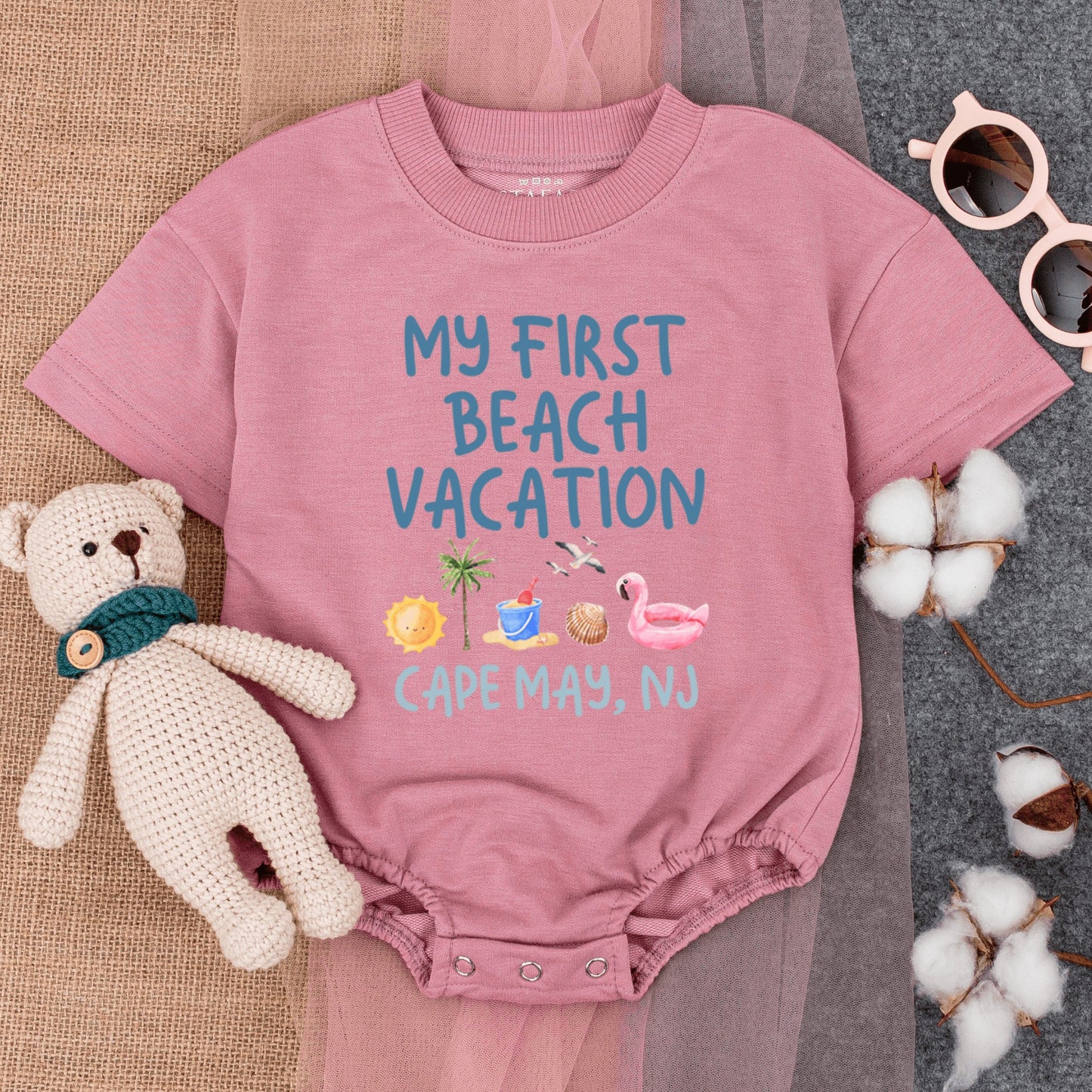 Custom My First Beach Vacation Baby Romper Cape May NJ Short Sleeve Summer Outfit with Sun Flamingo Seashell Palm Tree