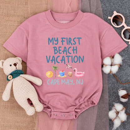 Custom My First Beach Vacation Baby Romper Cape May NJ Short Sleeve Summer Outfit with Sun Flamingo Seashell Palm Tree