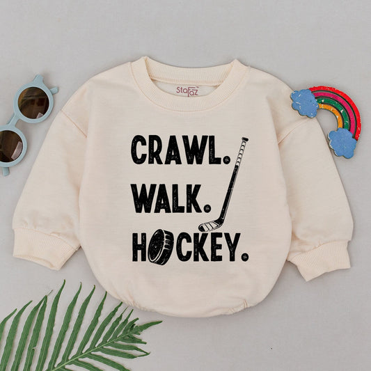 Crawl Walk Hockey Romper Baby Boy Outfit with Puck Stick Graphic Black Text Sporty Design Newborn Coming Home Bodysuit Future Player Fan Gift for Dads