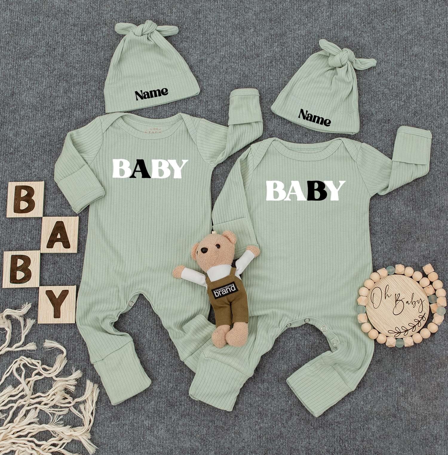 Baby Twin Outfits, Custom Name on Hat, Unisex Twin Outfits with Bold 'BABY' Print & Personalized Name