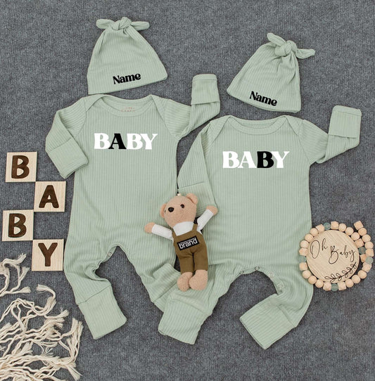 Baby Twin Outfits, Custom Name on Hat, Unisex Twin Outfits with Bold 'BABY' Print & Personalized Name