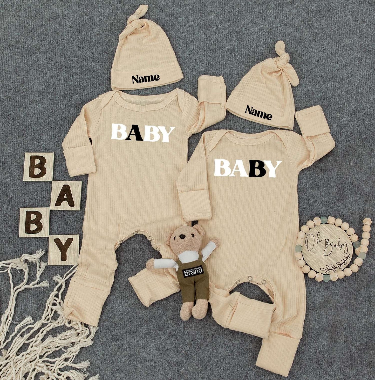 Baby Twin Outfits, Custom Name on Hat, Unisex Twin Outfits with Bold 'BABY' Print & Personalized Name