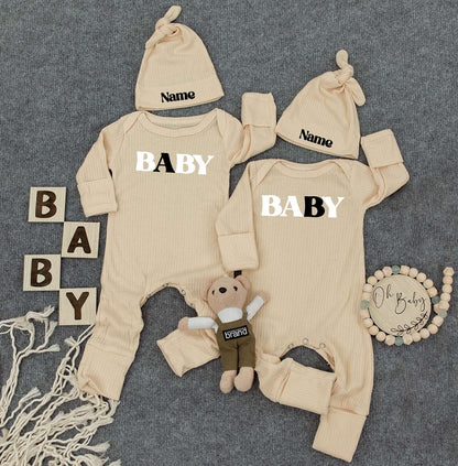 Baby Twin Outfits, Custom Name on Hat, Unisex Twin Outfits with Bold 'BABY' Print & Personalized Name
