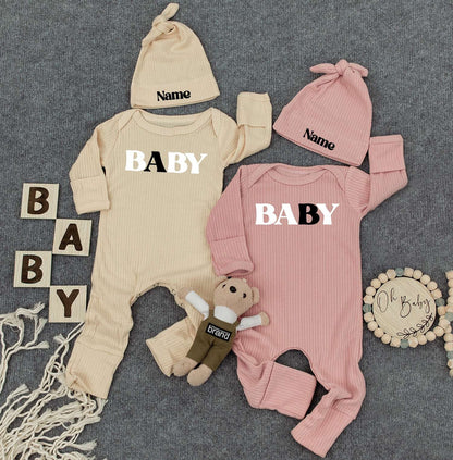 Baby Twin Outfits, Custom Name on Hat, Unisex Twin Outfits with Bold 'BABY' Print & Personalized Name