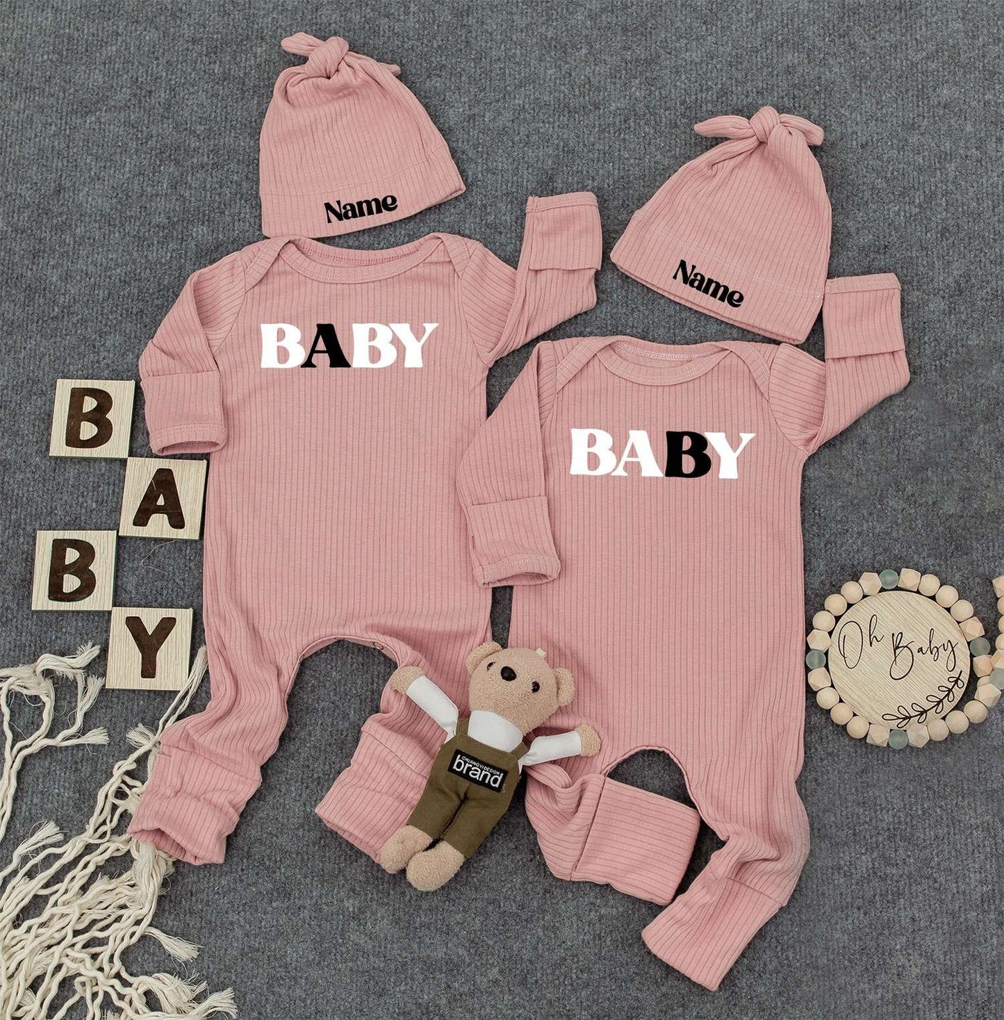 Baby Twin Outfits, Custom Name on Hat, Unisex Twin Outfits with Bold 'BABY' Print & Personalized Name