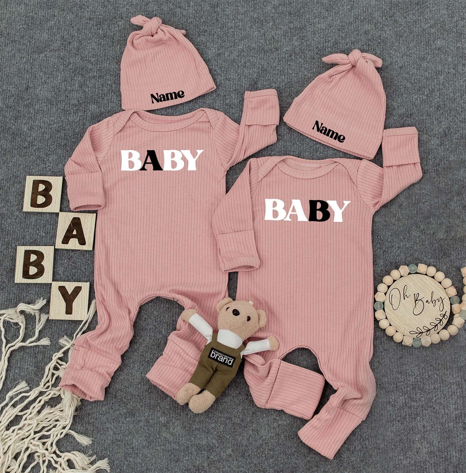 Baby Twin Outfits, Custom Name on Hat, Unisex Twin Outfits with Bold 'BABY' Print & Personalized Name