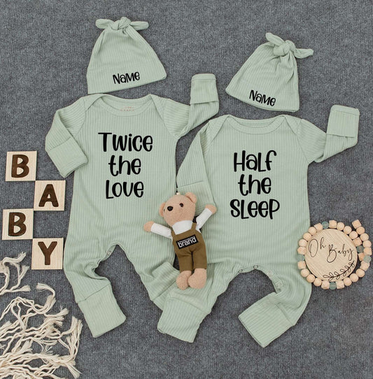 Personalized Twin Baby Set: Twice the Love, Half the Sleep, Cute Newborn Twin Outfits with Custom Name Hats