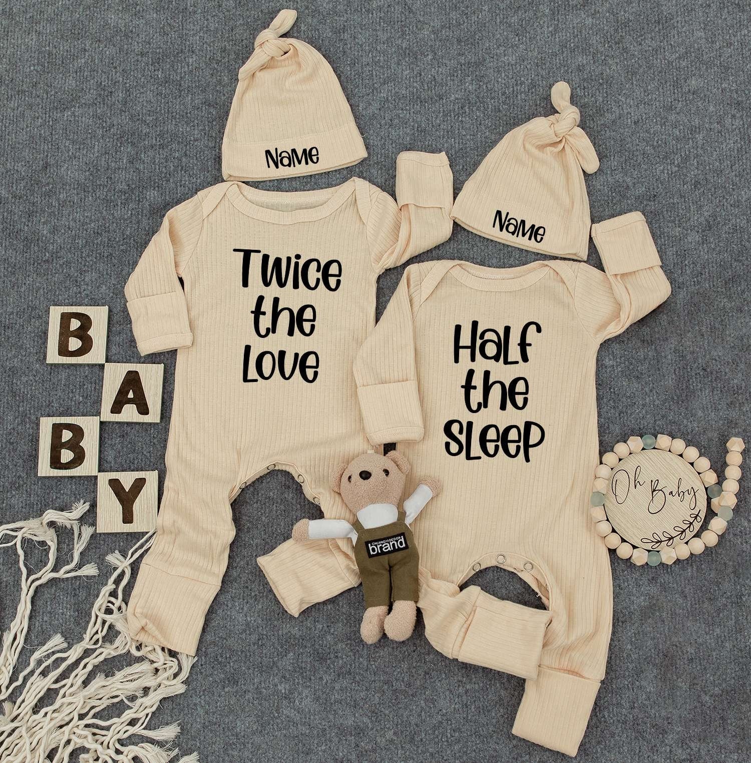 Personalized Twin Baby Set: Twice the Love, Half the Sleep, Cute Newborn Twin Outfits with Custom Name Hats