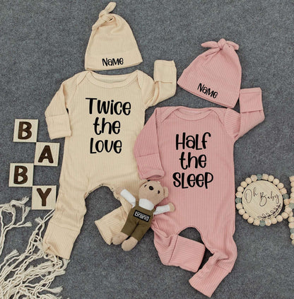Personalized Twin Baby Set: Twice the Love, Half the Sleep, Cute Newborn Twin Outfits with Custom Name Hats