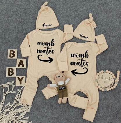 Personalized Baby Twin Bodysuit Set: Custom Name Hat & Womb Mates Shirts Cute Newborn Outfit, New Mom Gift, Soft Cotton Romper Sleepsuit Set 138
