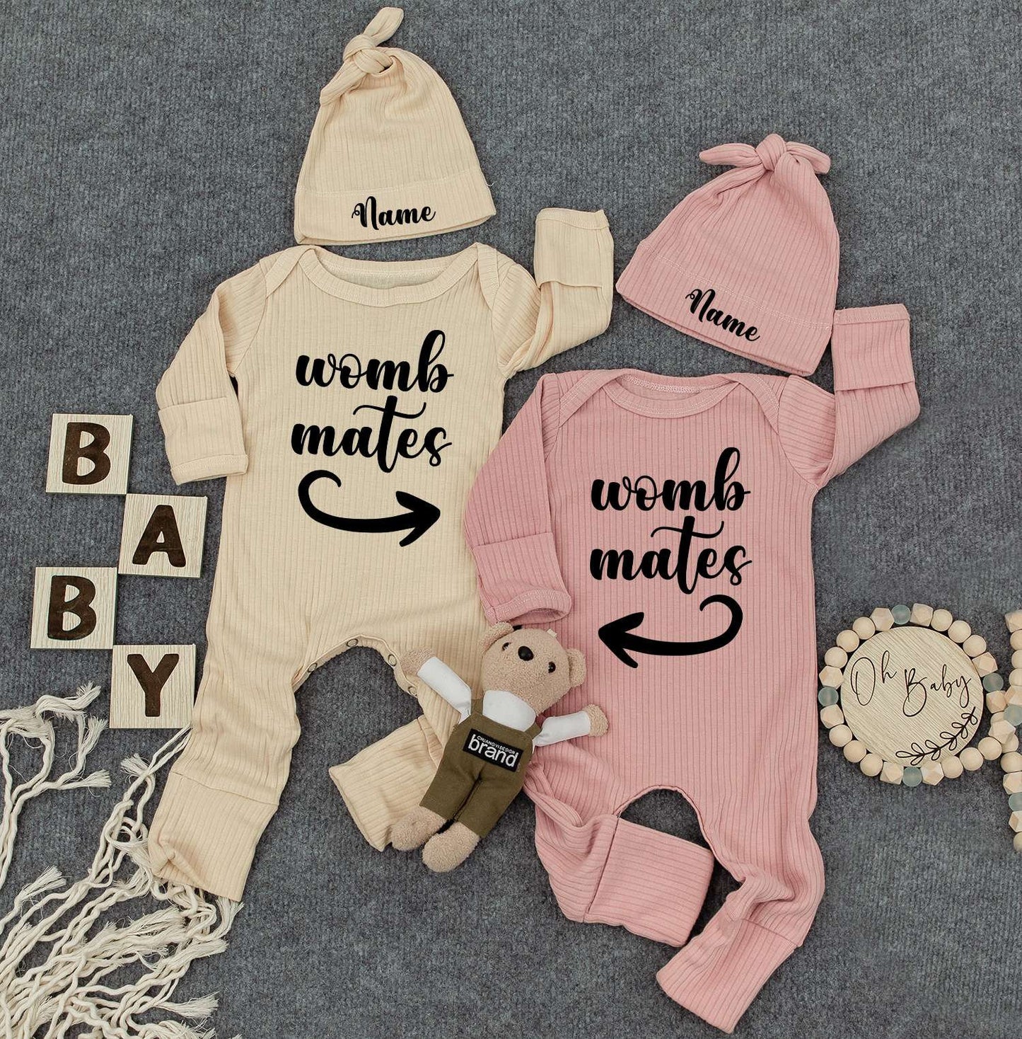 Personalized Baby Twin Bodysuit Set: Custom Name Hat & Womb Mates Shirts Cute Newborn Outfit, New Mom Gift, Soft Cotton Romper Sleepsuit Set 138