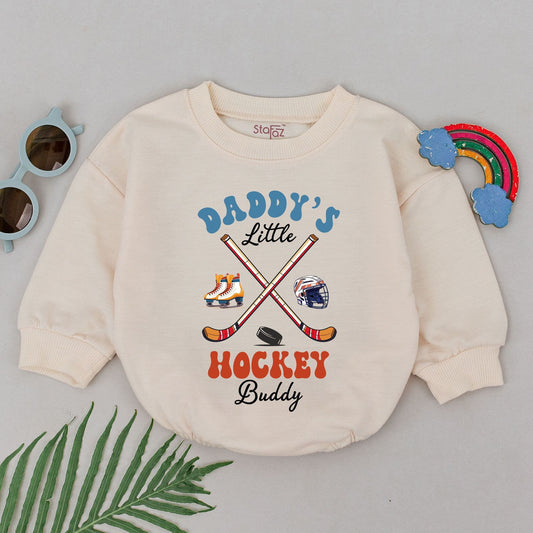 Daddy's Little Hockey Buddy Retro Romper - Hockey Baby Boy Outfit with Vintage Skates & Helmet Gift for Father's Day Newborn Bodysuit