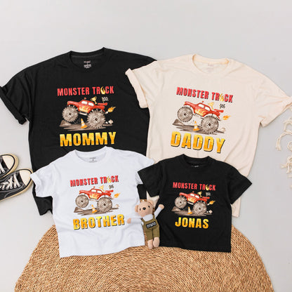 Matching Monster Truck Family Shirts, Personalized Birthday Boy Outfit, Red & Brown Truck Design, Custom Name Toddler Shirt, Baby Bodysuit Gift