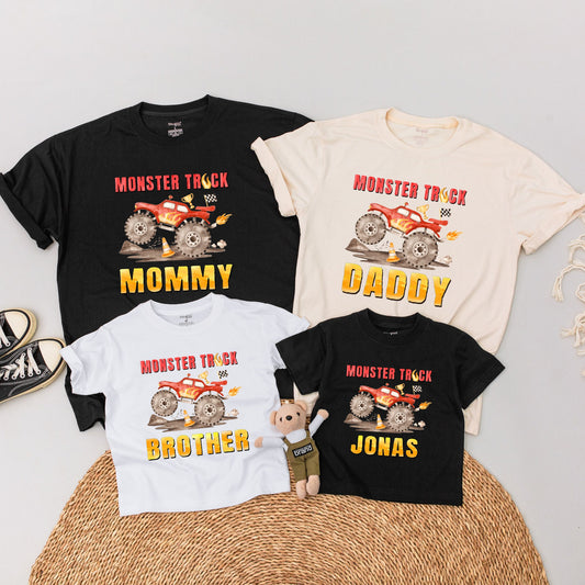 Matching Monster Truck Family Shirts, Personalized Birthday Boy Outfit, Red & Brown Truck Design, Custom Name Toddler Shirt, Baby Bodysuit Gift