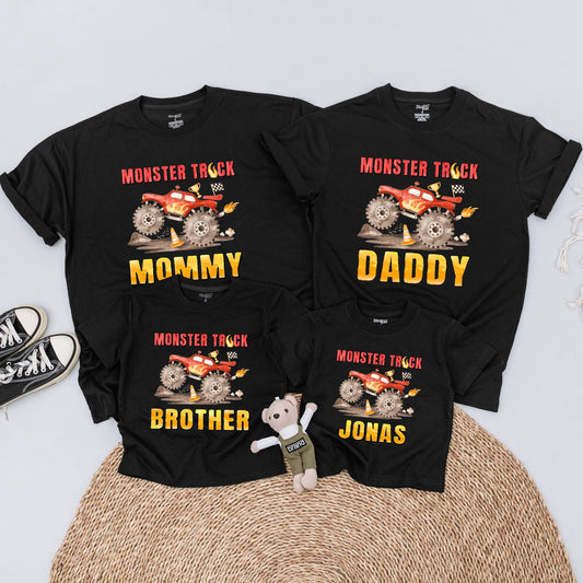 Matching Monster Truck Family Shirts, Personalized Birthday Boy Outfit, Red & Brown Truck Design, Custom Name Toddler Shirt, Baby Bodysuit Gift