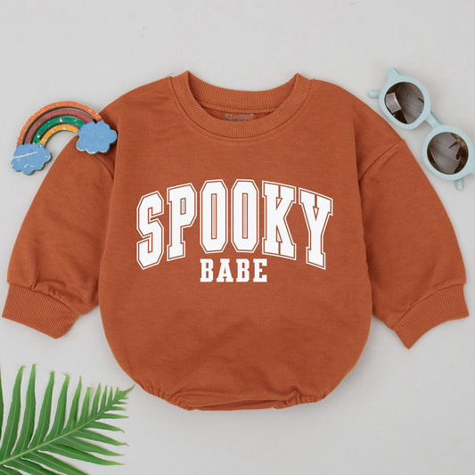Spooky Babe Romper for Baby Girls, First Halloween Outfit, Fall Baby Shower Gift, Cute Boo Costume Spooky Season White Collegiate Text Design