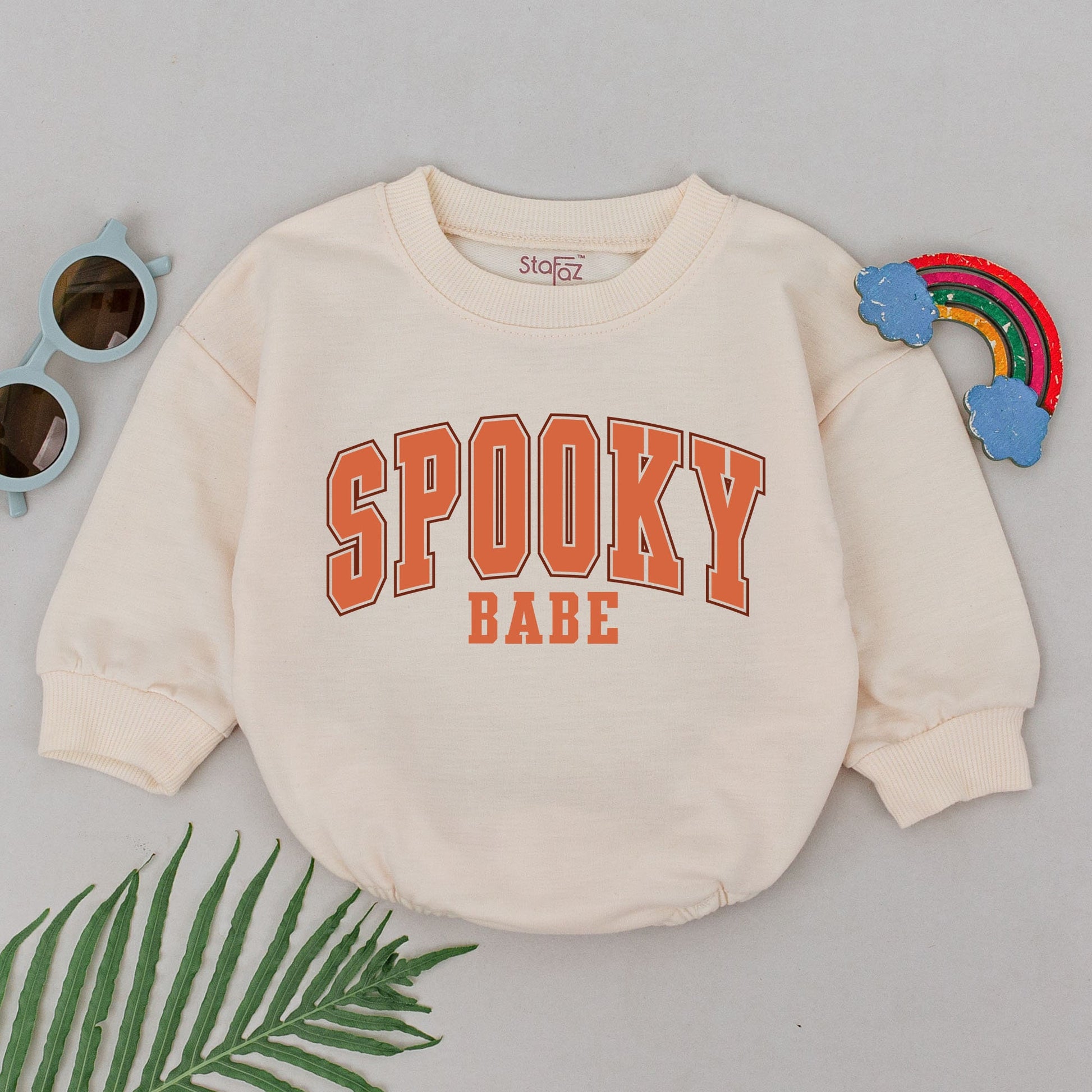Spooky Babe Romper for Baby Girls, First Halloween Outfit, Fall Baby Shower Gift, Cute Boo Costume Spooky Season White Collegiate Text Design