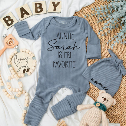 Personalized Auntie Is My Favorite Baby Bodysuit Custom Name Script Design Soft Cotton Modern Minimalist Newborn Shower Gift Funny Announcement