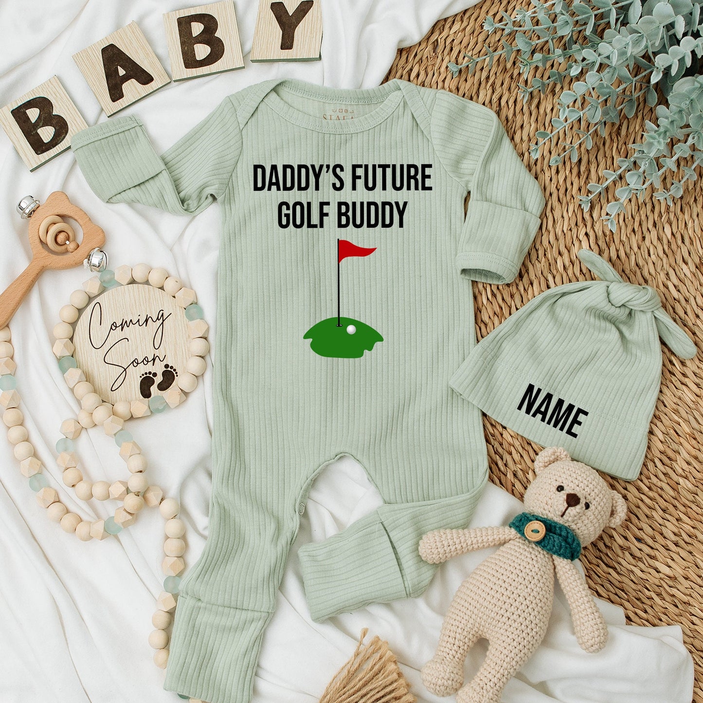 Daddy's Future Golf Buddy Baby Bodysuit Newborn Gift, Cute Golf Green Design, Black & Red Colors, Announcement, Dad's Golfing Caddy