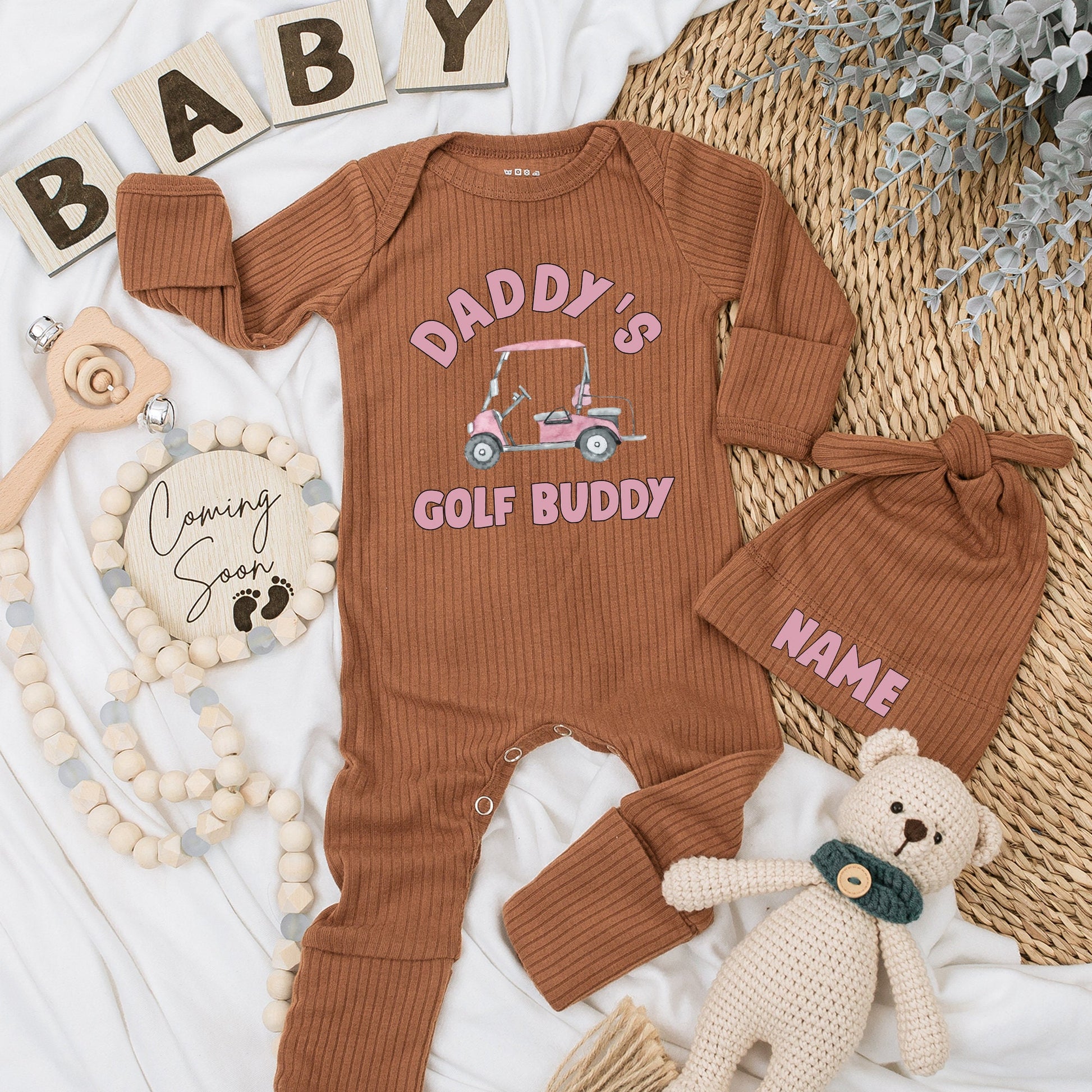 Personalized Pink Daddy's Golf Buddy Baby Bodysuit & Hat Set with Golf Cart Design New Dad Gift Infant Boy Girl Shower Announcement Outfit