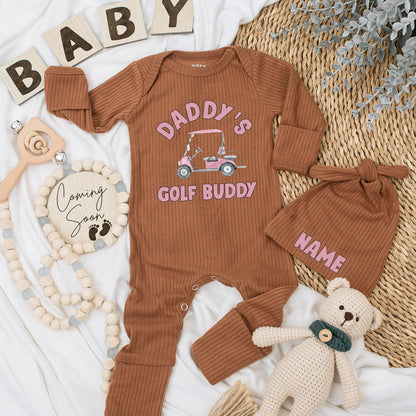 Personalized Pink Daddy's Golf Buddy Baby Bodysuit & Hat Set with Golf Cart Design New Dad Gift Infant Boy Girl Shower Announcement Outfit