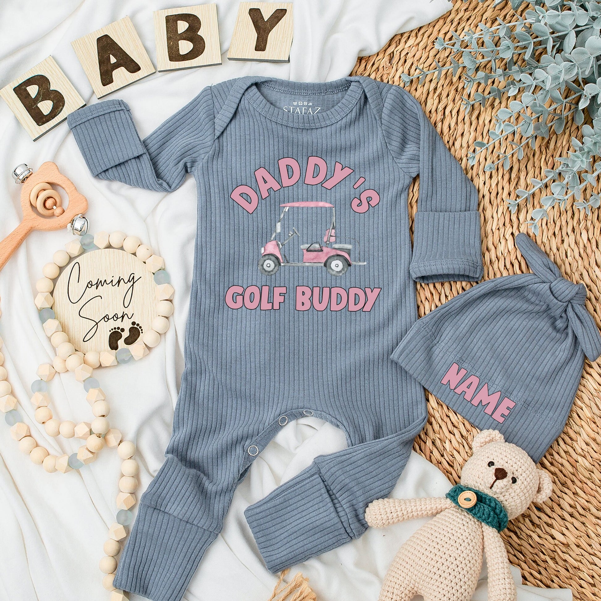 Personalized Pink Daddy's Golf Buddy Baby Bodysuit & Hat Set with Golf Cart Design New Dad Gift Infant Boy Girl Shower Announcement Outfit