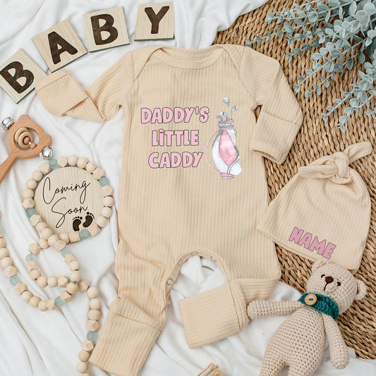 Daddy's Little Caddy Baby Bodysuit Pink Golf Bag Outfit Set Newborn Clothes Funny Father's Day Gift Baby Shower Pregnancy Announcement Cute Golfing Buddy