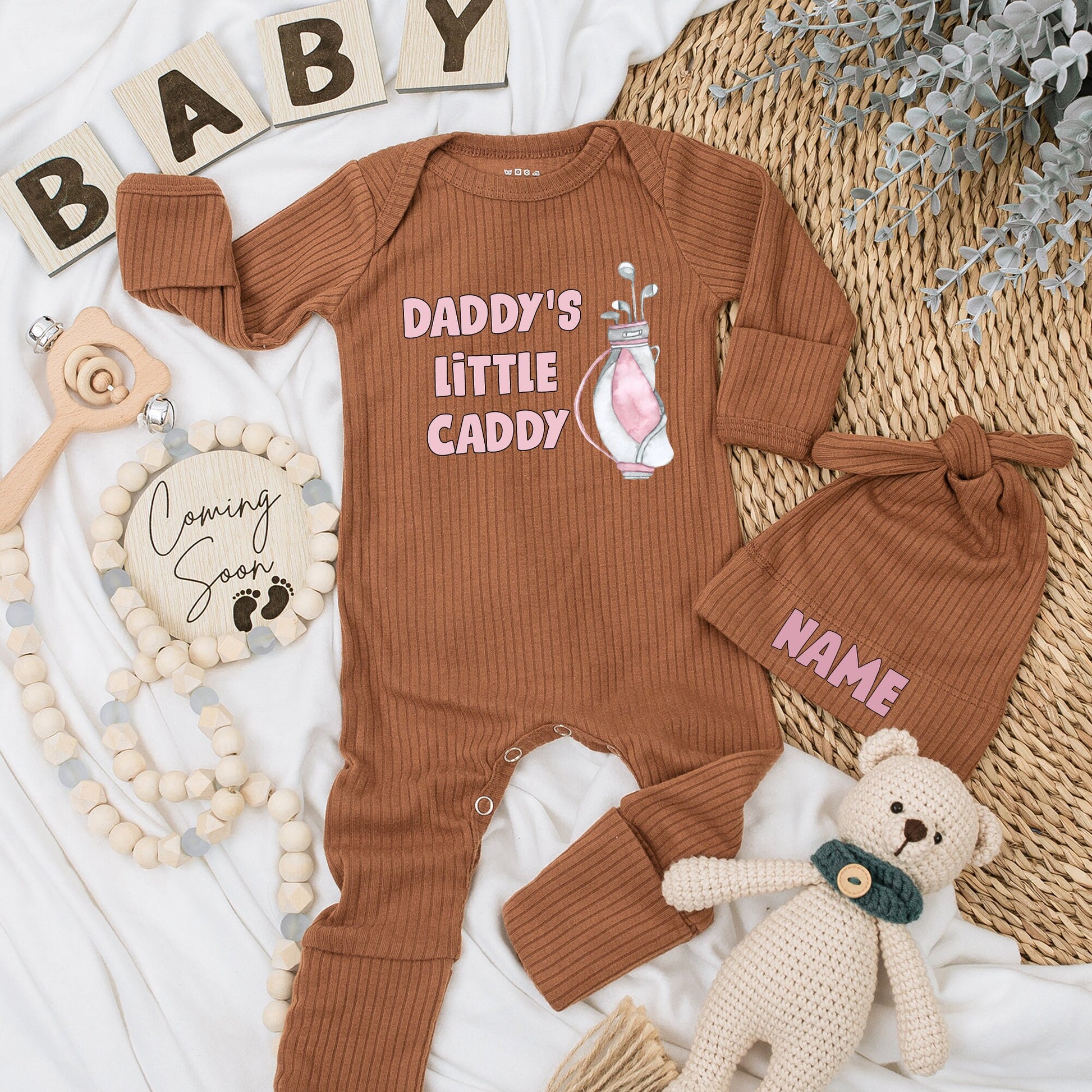 Daddy's Little Caddy Baby Bodysuit Pink Golf Bag Outfit Set Newborn Clothes Funny Father's Day Gift Baby Shower Pregnancy Announcement Cute Golfing Buddy