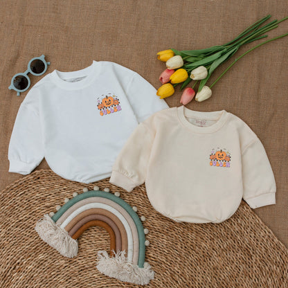 Custom Spooky Dude Baby Romper Retro Halloween Bodysuit, a vintage fall bubble outfit for a newborn, perfect cute spooky season baby shower gift