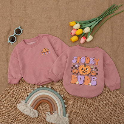 Custom Spooky Dude Baby Romper Retro Halloween Bodysuit, a vintage fall bubble outfit for a newborn, perfect cute spooky season baby shower gift