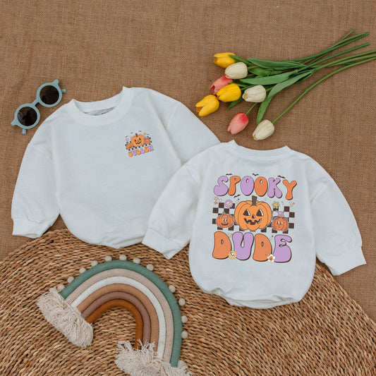 Custom Spooky Dude Baby Romper Retro Halloween Bodysuit, a vintage fall bubble outfit for a newborn, perfect cute spooky season baby shower gift